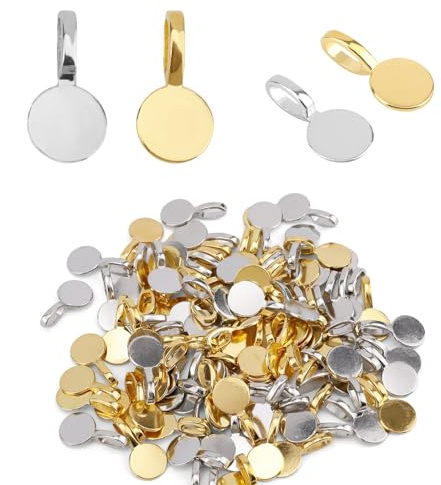 Goktvai 100pcs Bail Pads for Jewelry Making, Round Flat Pendant Pad Glue on Bail Charms Connector for Necklace Bracelet Earrings DIY Jewellery Craft Supplies Findings (Gold-Colored, Silver)