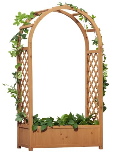 Outsunny Raised Garden Bed with Arch Trellis for Vine Plants, Brown | Freestanding Garden Planter Box, For Climbing Plant Flower Herb