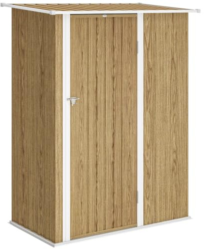 Outsunny Casetta da Giardino Porta Bloccabile 142x86x189 cm Color Legno | 1.07m² in Acciaio Zincato, Capanno Porta Attrezzi, Tetto Inclinato