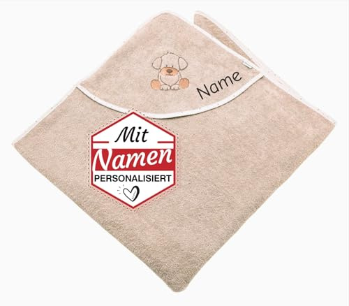 LALALO Sterntaler Kapuzenhandtuch Baby personalisiert, Hund Lucky Bestickt | Geschenk zur Geburt und Taufe, Babyhandtuch mit Kapuze, Handtuch mit Namen 100x100 cm, für Mädchen und Jungen, zum Geburtstag
