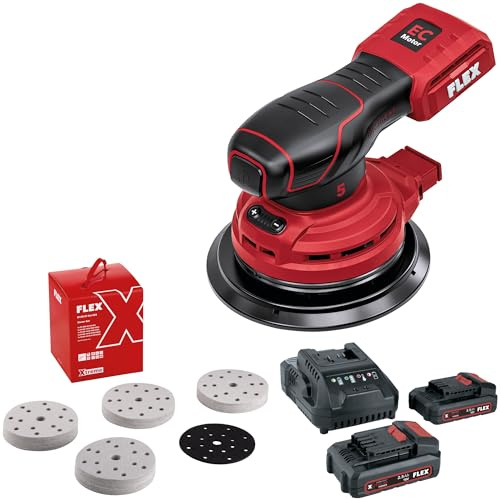 Flex Akku-Exzenterschleifer ORE 5-150 18-EC C + Schleifpapier D150 ST-Set (rot, Akku-Exzenterschleifer 18 V, mit Drehzahlregelung, Inklusive Staubsack und Adaptern, effiziente Staubabsaugung) 535932