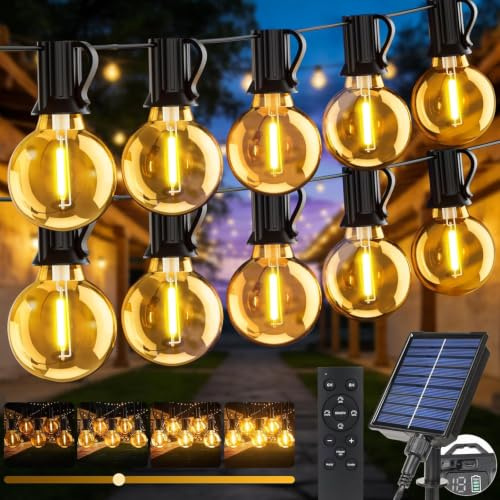 ArsMotin Solar Lichterkette Aussen 15M, Lichterkette Außen Solar mit Fernbedienung, IP65 Wasserfest, Dimmbar 3 Modi, 17+1 G40 Glühbirnen, LED Solarlichterkette für Garten, Balkon, Terrasse, Party
