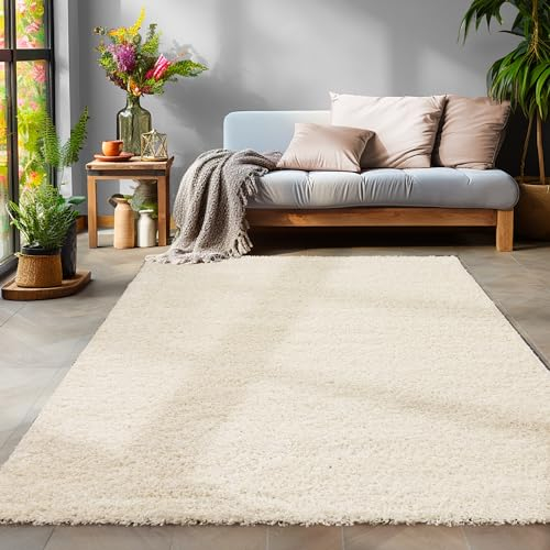 Teppich Wohnzimmer Shaggy Teppich Hochflor 100 x 200 cm Läufer Flur Creme Einfarbig Modern Design - Teppich Schlafzimmer Waschbar Flauschig und Extra Weich für Esszimmer Kinderzimmer Küche