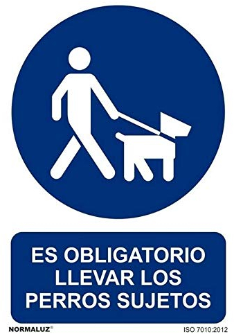Sekureco - Señal de Seguridad: Es Obligatorio llevar los perros sujetos (Azul, Plástico, Aluminio, 30 cm x 45 cm, Utilitario)