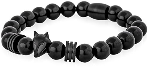 Akitsune Obsidian Perlenarmband | Premium Armband für Männer | Perlenarmband Herren mit Edelsteinen & Edelstahl Fuchs-Emblem | Tolle Geschenkidee - Mattschwarz Schwarz - 20cm
