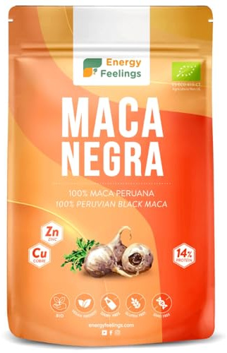 Energy Feelings Maca Negra en Polvo Peruana 200g, Potencia Energía y Vitalidad Íntimas, Maca Negra Pura Andina, Vegana, Sin Gluten, Orgánica, Rica en Proteínas, Hierro y Zinc