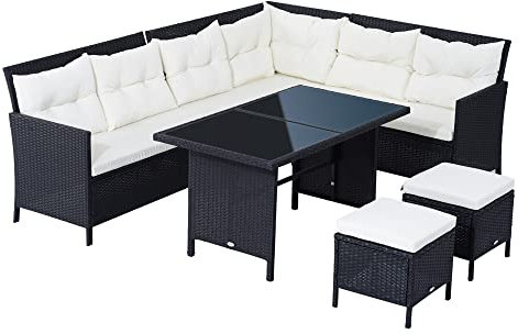 Outsunny 6 Piece Rattan Garden Furniture Set 8-Seater with Footstools Black