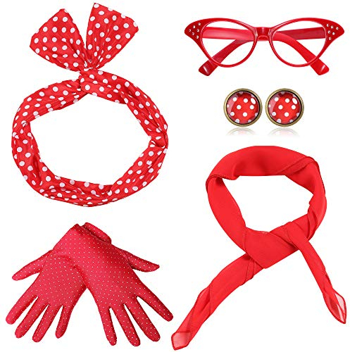 Coucoland 50er Jahre Rockabilly Kostüm Accessoires Damen 1950s Zubehör Set Inklusive Polka Dots Bandana Haarband Ohrringe Handschuhe Katzenaugen Sonnenbrille Chiffon Schal (Rot)