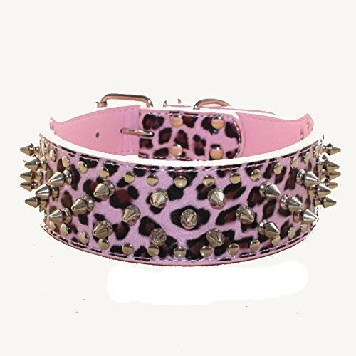 Haoyueer Hundehalsband aus Kunstleder mit Nieten, für mittelgroße und große Hunde, Pit Bull, Mastiff, Bully, Boxer (XL, rosa Leopardenmuster)