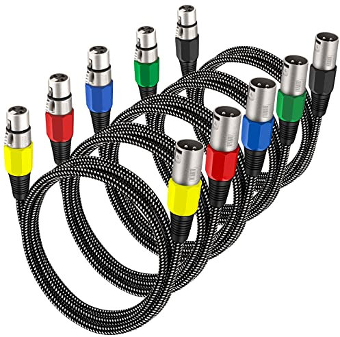XLR Microphone Cable 3 FT/5 Pack, 3 Pin Nylong Braided Balanced XLR Male to XLR Female Mic DMX Cable Patch Cords (Pure Copper Conductors)