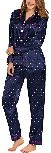 SWOMOG Pyjama Set for Women Long Sleeve Pyjamas Silk Satin Pjs Soft and Cute Dot Print Sleepwear Set