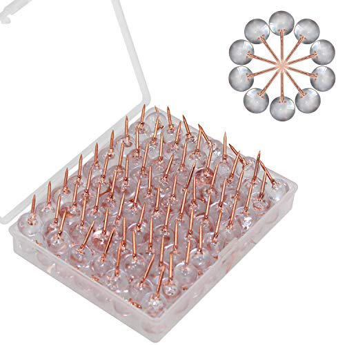 AOKIVIGOA 100pcs Push Pin with Round Transparent Plastic Heads and Rose Gold Steel Point Thumb Tacks for Map Drawing Cork Notice Board