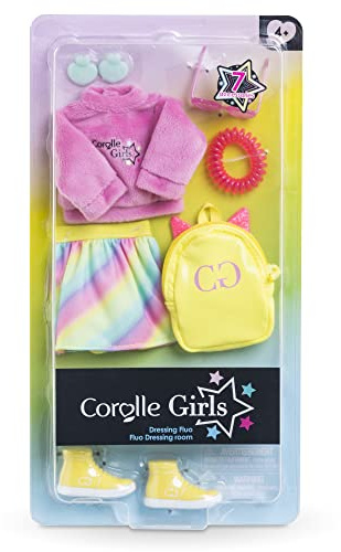 Corolle Girls Zubehörset Regenbogen, farbenfrohes 7 teiliges Outfit mit flauschigem Pullover und Regenbogenrock, für alle 28cm Girls Ankleidepuppen, ab 4 Jahre