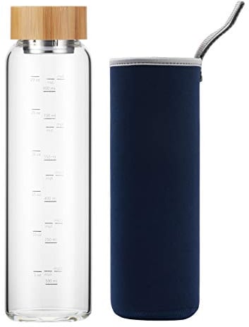sunkey Bouteille Eau en Verre 1 Litre avec Bouchon de Bambou, Réutilisable Gourde en Verre Borosilicaté 1000ml sans Bpa (Bleu Marine)