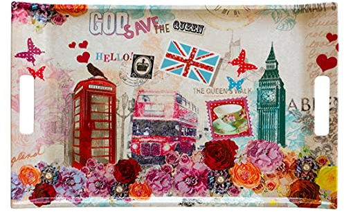 Lashuma Rechteckiges Gläsertablett, XXL Dessert Tablett 54x35 cm, Buntes Tablett Motiv: London