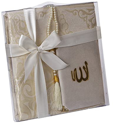 Ramadan24 Geschenkset Koran Gebetsteppich islamische Gebetsperlen | Heilige Geschenke für Muslime | Kuran Tasbih Sajjad 110x70cm (Weiß)