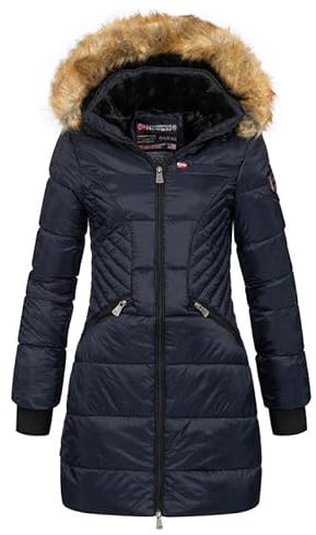 Geographical Norway Abeille Lady Distribrands - Parka caldo da donna - cappotto di pelliccia sintetica spessa - giacca a vento invernale - piumino lungo foderato (Blu Marino L - Taglia 3)