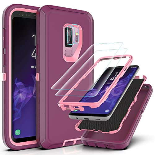 YmhxcY Hülle für Galaxy S9 Plus mit S9 Plus mit 2-teiligem Hydrogel-Film und 2-teiligem Kameraobjektiv-Schutzfilm,3-in-1 Anti-Drop-Schutzhülle für Samsung Galaxy S9 Plus-Wein Rot/Rose Rosa