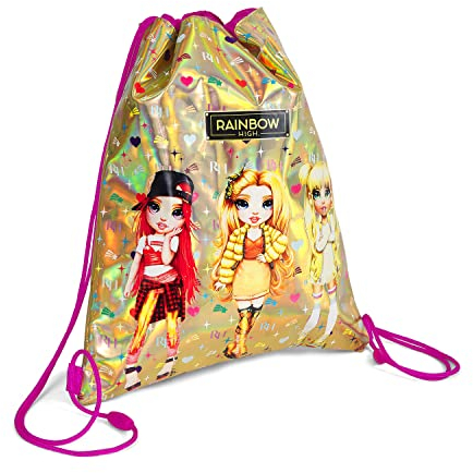 PERLETTI Rainbow High Turnbeutel für Mädchen - Gold Schuhbeutel Sportbeutel mit Regenbogen Puppen für Kindergarten Schule - Sportsack Schuhtaschen Undurchlässig Reisen Schuhe Spielzeug - 39x31 cm