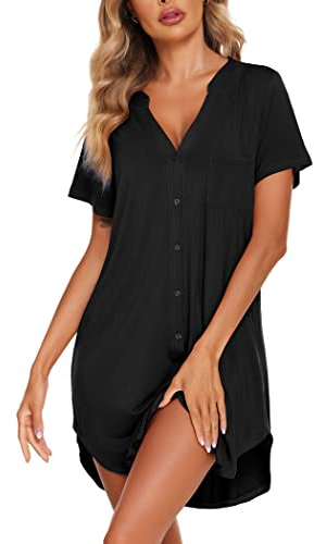 Ekouaer Women's Sleepwear Cotton Sleep Tee Short Sleeves Button Sleepshirt Night Shirt Black