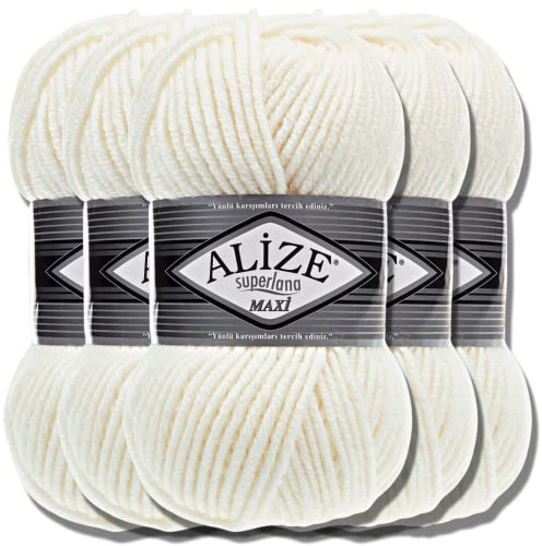 Alize 5 x 100g Superlana Maxi Türkische Premium Wolle Baumwolle und Acryl Uni Handstrickgarne | Yarn | Garn | Strickgarn Einfarbig Baby zum Häkeln Stricken Kleidung Schals (Light Cream | 62)