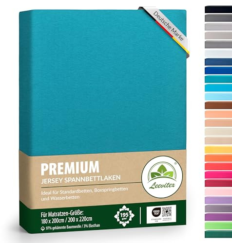 Premium Spannbettlaken, extra schwer und dick, 97% Mako-Jersey-Baumwolle und 3% Elasthan, auch Boxspringbett geeignet, 180 x 200-200 x 220 cm, Petrol/Smaragdblau