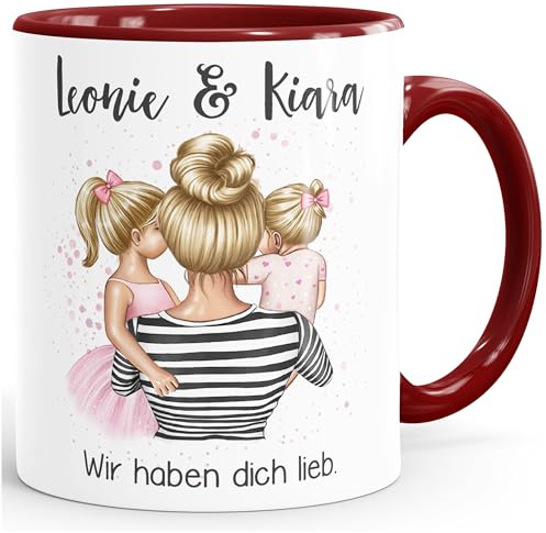 SpecialMe® Kaffee-Tasse Mama Kinder Tochter Sohn personalisiert mit Namen Wunschtext persönliches Muttertagsgeschenk Weiss-innen-bordeauxrot Keramik-Tasse