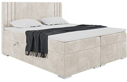 MEBLINI Boxspringbett mit Bettkasten - Gepolstert Doppelbett mit Matratze und Topper - Polsterbett mit Stauraum - Bett mit Kopfteil - Stauraumbett - MORANO - 160x200 - H4/Creme Samt