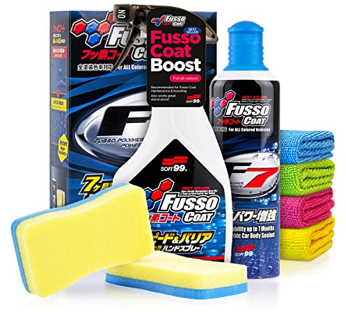 Auto Wachs Versiegelung Set: Soft99 Fusso Coat F7 Flüssigwachs + Speed & Barrier Quick Detailer - flüssiges Autowachs mit Nachpflege für schwarze & dunkle Lacke - Lackschutz | 8-teilig