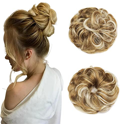 Cybelleza Haarteil Haargummi Haarverlängerung Pferdeschwanz 38g Haarteil Mit Gummiband Dutt Updo Hochsteckfrisuren Gelockt Haarband Gewellt Lockiges Messy Bun für Damen (Dunkelblond&Bleichblond)