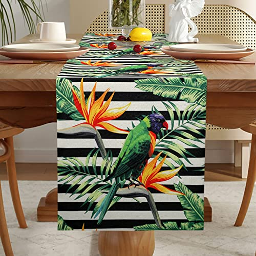 Blatt Tischläufer Frühling Sommer Tischläufer Vogel Grünes Blatt Bunt Blumen Muster Tischdecke Waschbar Modern Küche Tischsets Esstisch Dekoration Wohnzimmer Tischläufer für Esszimmer Dekor 33x183cm