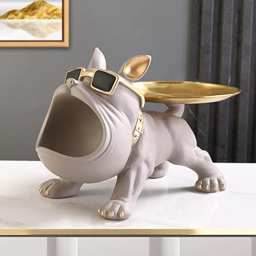 Fiorky Bulldog Storage Sculpture, Harz Cool Dog Sculpture Big Mouth Bulldog Key Snack Holder Figurine mit Storage Tray, Eingang Handwerk Kunst Statue Home Desktop Ornament Dekoration, Grau