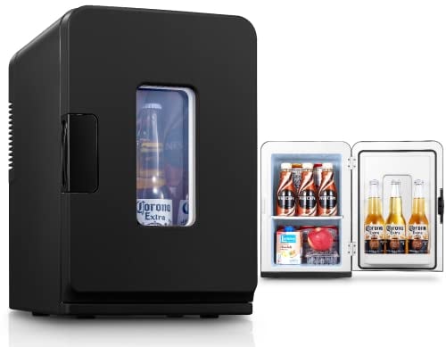 Mini Fridge 15L, Small Fridge for Bedrooms, Car Portable with 12V/240V Plug in, Skincare ECO Low Noise Mode, Cool/Warm Function, Black Cooler for Beauty, Drinks, Camping, Traval