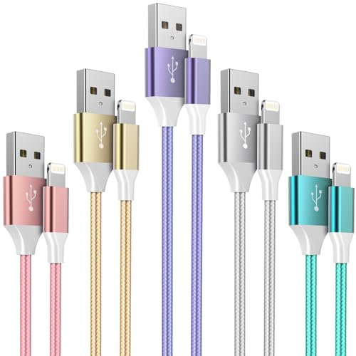 HKYUSHINE iPhone Charger Cable, 5Pack [3/3/6/6/10FT] Apple MFi Certified Cable Braided Lightning Fast Charging for 14 13 12 11 Xs Max XR X 8 7 6s Plus, iPad, iPod, Pink, Gold, Green, Purple, White