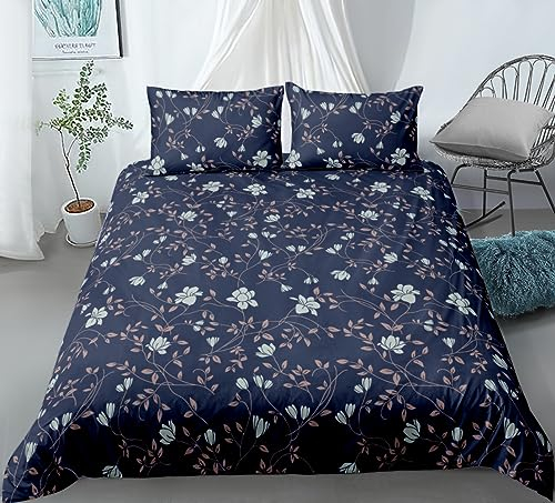 Menkala Bettwäsche 140x200 Dunkelblau Blumen Blätter Blumenmuster Aesthetic Wendebettwäsche 2teilig Vintage Floral Botanisch Muster Microfaser Bettbezug mit Reißverschluss und Kissenbezug 70x90 cm