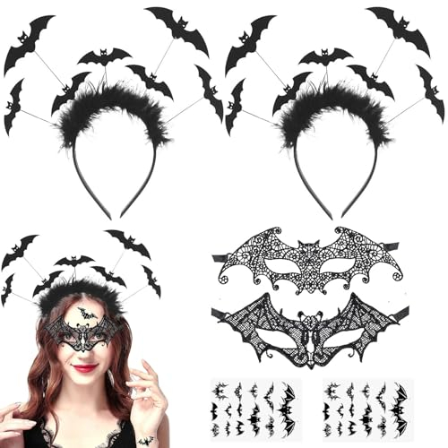 6 Stück Halloween Haarreif Set, Fledermaus Haarreif, Halloween Maske Augenmaske Haarreifen Haarschmuck Stirnband mit Fledermaus Tattoos Aufkleber, Fledermaus Haarband Accessoires für Damen Kinder