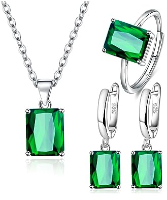 FDEETY Jewelry Sets for Women Rhinestone Crystal Necklace Adjustable Ring Drop Dangle Earrings Set Gifts Bridesmaid Costume Dress Prom Jewelry Sets (Green)