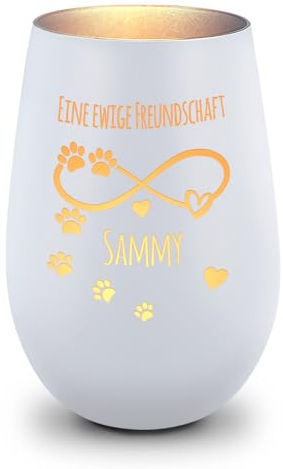 GRAVURZEILE Deko Windlicht aus Glas mit Gravur - Unendlich - Personalisiert mit Name - Haustier Trauerlicht für Hund und Katze - Grabschmuck zur Beerdigung oder als Andenken - Weiß/Silber
