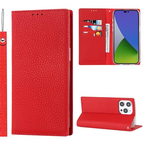 Cavor Phone Case Compatible for iPhone 15 Pro with card holders,Genuine Leather Flip Wallet Case,[3 Card Holders][Magnetic][RFID-Blocking][Lanyard],Protective Case Cover for iPhone 15 Pro - Red