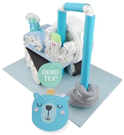 Windeltorte ® Bagger mit Babysocken [BAUSTELLENFAHRZEUG]- Geschenk zur Geburt - Babyparty - Baby - Babyshower - Pullerparty - Spucktuch - Babylätzchen (Blau/Junge)