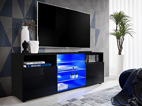 Komodee, TV-Schrank Urbino, Schwarz/Schwarz, Breite 140 cm x Höhe 53 cm x Tiefe 35 cm, LED Blau, 3 Glasböden, 2 Fächern mit Türen, 2 offenen Fächern für Wohnzimmer, Schlafzimmer