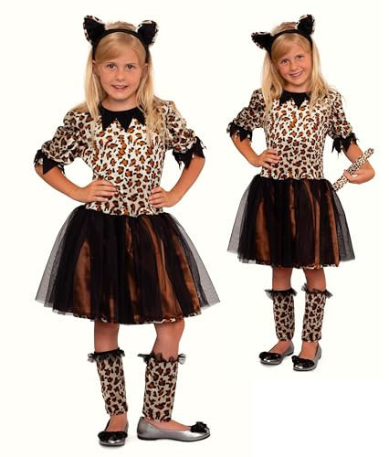 Magicoo Leopard Kostüm Kinder Mädchen inkl. Kleid, Haarreifen & Beinstulpen - Leoparden Gepard Kostüm Kind Fasching (S Small (110/116))