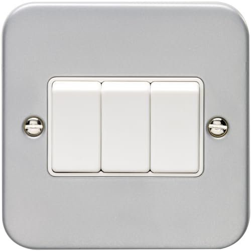 3 Gang Triple Light Switch 2 Way 10A Heavy Duty Metal CLAD - White Trim & Rocker - Decorative Kitchen Living Room Bedroom Plate