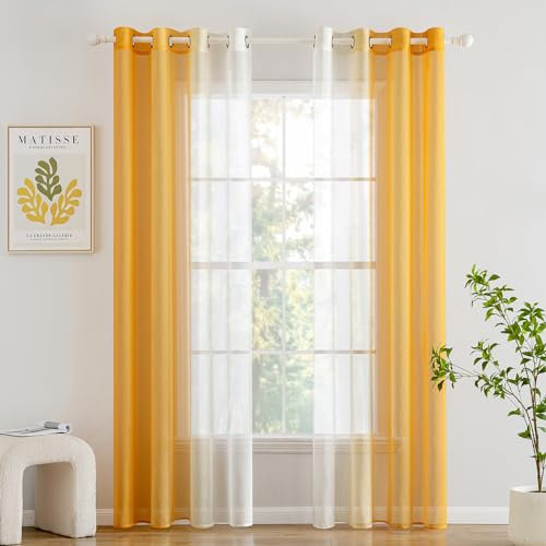 Woaboy Voile Vorhang Zweifarbiger Vorhang mit Ösen Transparente Gardine Ösenschal Dekoschal Fensterschal Lichtdurchlässig für Schlafzimmer und Wohnzimmer 2er Set 140x225cm Orange