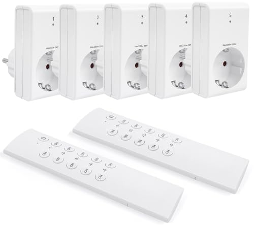 G-Homa Funksteckdosen mit Fernbedienung, 5er Steckdose Set mit 2er Fernbedienung für Haushaltsgeräte, Weihnachtsbeleuchtung, 30M Große Reichweite, Programmierbar, 2300W/10A, CE-gelistet, Weiß
