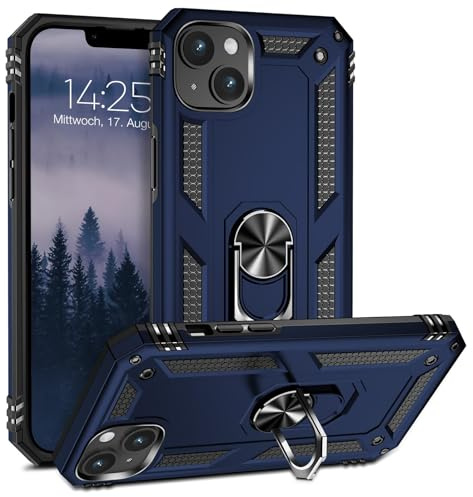 LBH Outdoor Hülle für Apple iPhone 13 Armor Militär Stoßfest Handyhülle 360 Grad Metal Ring Halter Ständer Schutzhülle für Handyhalterung Auto Magnet Blau
