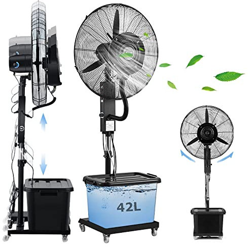 Ventilador industrial para exteriores para refrigeración, ventiladores de nebulización para exterior, tanque de 11 galones, oscilación de 90°, 3 velocidades de enfriamiento, altura ajustable, jardín