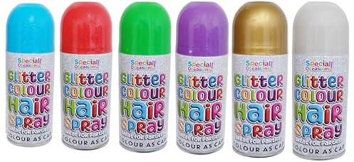 Washable Party Glitter Hair Color Spray - Fun and Temporary Hair Coloring for Special Occasions, Green, Gold, Blue, Purple, Red, Sliver, Easy Wash Out 6 X 200ml Can, Assorted Pack Of 6