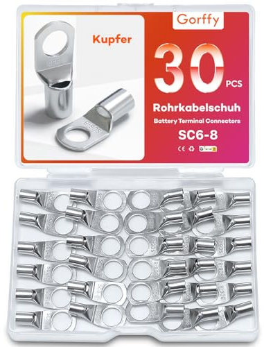 Gorffy Rohrkabelschuhe Set 30 Stück, SC6-8 Kabelschuhe Set, Verzinntes Kupfer Ringkabelschuhe Set, SC Rohrkabelschuh Set, Kabelschuhe 6mm², Rohrkabelschuhe M8 für Kfz Batteriekabel