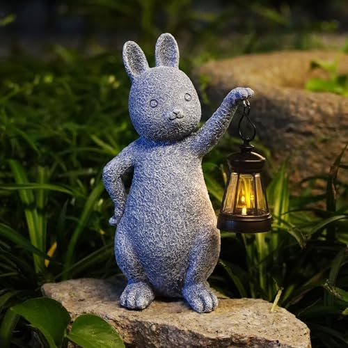 Tuzsocr Solar Kaninchen Gartenfiguren mit Solar Laterne, Kaninchenstatuen für den Außenbereich, Wetterfeste Gartenstatuen, Hase Deko für Rasen, Hof, Terrasse, Fensterbank, Veranda, Balkon (Stil 1)